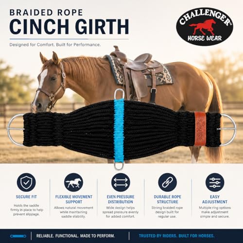 CHALLENGER Horse Western Tack 25-Strand Roper Saddle Cinch Girth Black 9787 - size: 26" L x 7" W