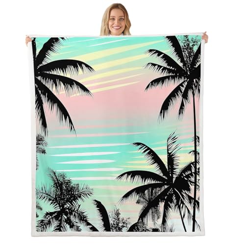 Feelyou Palm Tree Print Sherpa Blanket Hawaiian Tropical Island Fleece Throw Blanket Botanical Branches Plush Fuzzy Blanket for Sofa Bed Couch 50" x 60" - color: Multi 27, size: 50" x 60"