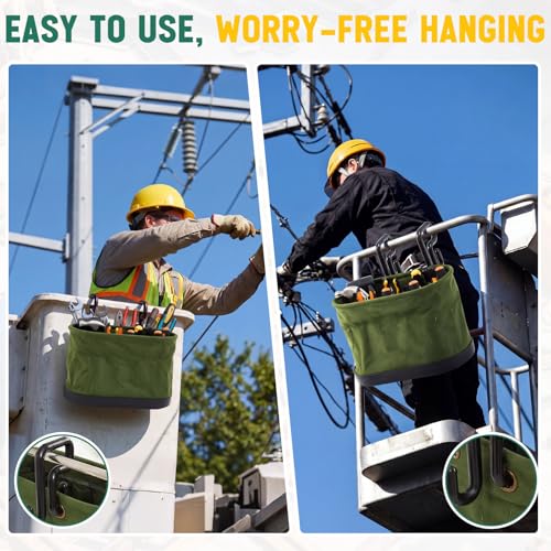 Vesici 2 Set Military Green Canvas Bucket Bag Including Hooks Aerial Oval Lineman Tool Bucket with Black Polypropylene Bottom 15 Pockets Tool Organizer for Industrial Maintenance Construction Sites - color: Military Green