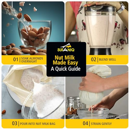 SUFANIQ Nut Milk Bag - 2 Bags (12 x 12 Inch) 100% Unbleached Cotton Cheese Cloth Bag for Straining, Premium Nut Milk Bag Reusable, Nut Bag Strainer for Almond, Soy, Oat Milk, Juices, Cheese Making - size: 12x12 / 2 pieces