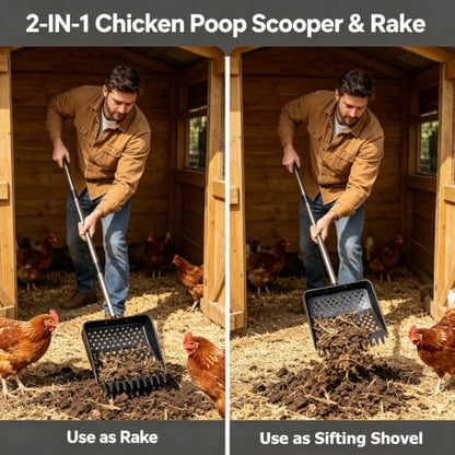 2-in-1 Chicken Poop Scooper & Rake, Telescopic Stainless Steel Handle, Multifunctional Chicken Coop Cleaner for Sand, Bedding and Manure Cleaning