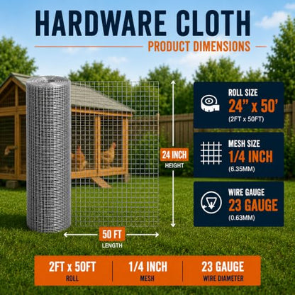 1/4in Hardware Cloth 24in x 50ft 23gauge Hot-Dip Galvanized Wire Mesh Roll - color: 1/4in 24''×50'