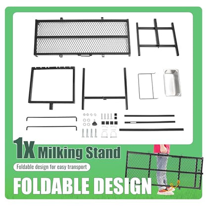 600LBS Milking Stand for Goat, Adjustable Sheep Rack with Feeder, Metal Livestock Milk Stand Fit for Shearing, Hoof Trimming, Animal Examinel Examination, Stainless Steel (Black) - color: Black