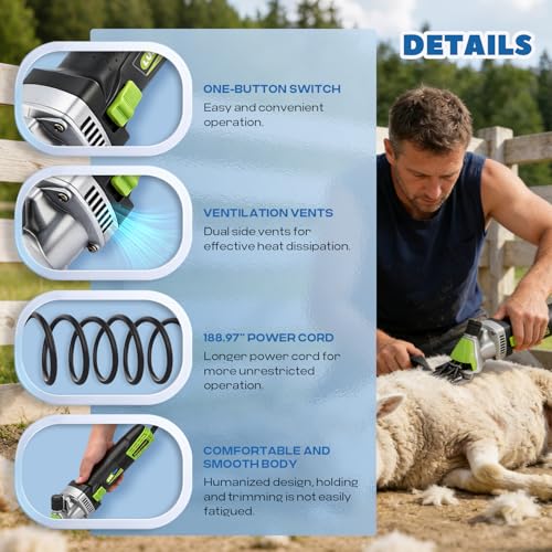 Sheep Shears Electric 850W 2400RPM with 6 Speed (Size: 13.8 * 3.6") | Professional Heavy Duty Shearing Clipper for Shaving Fur Wool in Sheep, Goats, Cattle & Livestock, Includes Carrying Case - size: with 13-Teeth Straight Blade