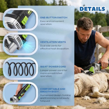 Sheep Shears Professional 850W 2400RPM with 4 Blades, Heavy-Duty | 6-Speed Adjustable, with 4 Blades: 13-Tooth Straight & Curved, 9-Tooth Straight & Curved, Ideal for Thick Coat Animals - size: with 4 Blades