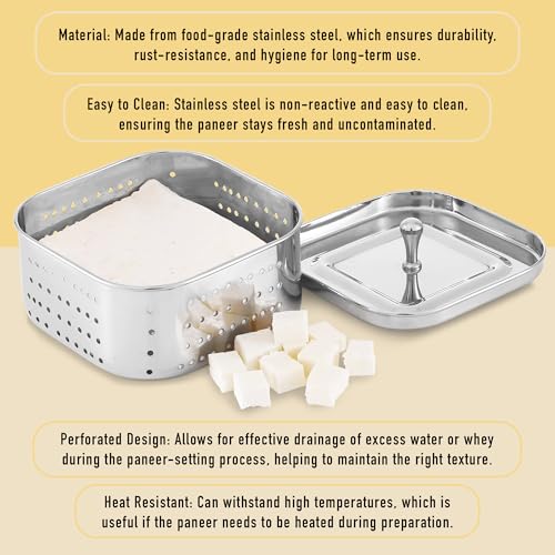 KSJONE Stainless Steel Square Paneer Maker/Mould/Strainer Perfect for Making Delicious Tofu, Stainless Steel Paneer Maker with Top Pressing Lid - Size 5.11"W x 5.11"L x 2.3"H inches - size: Square