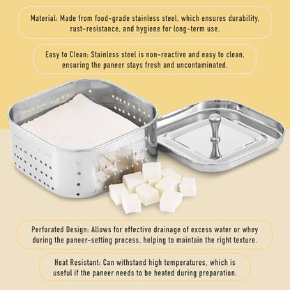 KSJONE Stainless Steel Square Paneer Maker/Mould/Strainer Perfect for Making Delicious Tofu, Stainless Steel Paneer Maker with Top Pressing Lid - Size 5.11"W x 5.11"L x 2.3"H inches - size: Square