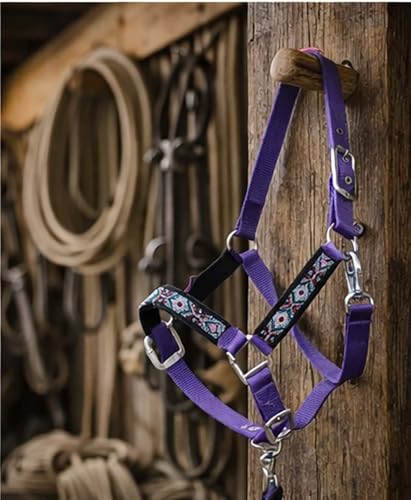 CHALLENGER Nylon Horse Beaded Halter Nickle Plated Hardware w/Lead Rope Tack Blue 606175 - color: Purple, size: Cob Size