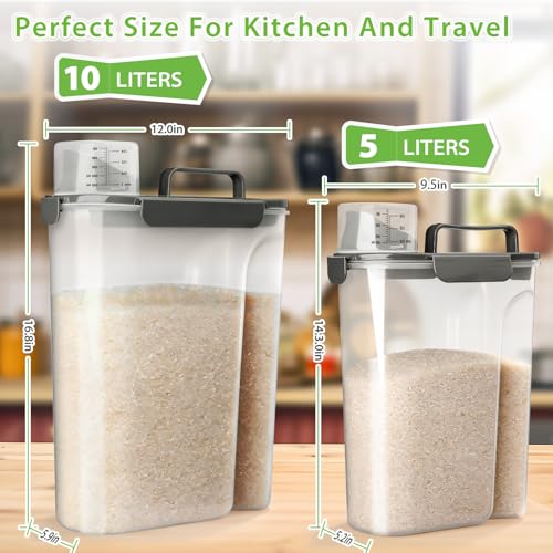 Viretec Rice Storage Container, 15 to 20lb Dry Food Airtight Dispenser, Pet Dog Cat Food Canister, BPA Free Clear Plastic Kitchen and Pantry Bin for Oatmeal, Cereal, Pasta, Flour Pack of 2 Grey - color: 10L+6L/Grey
