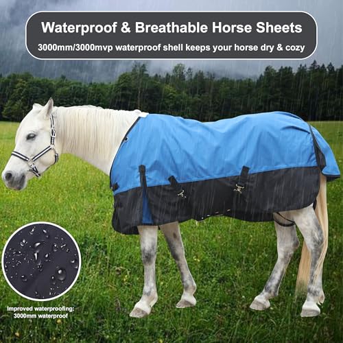 1200D Horse Blanket, 0g No-Fill Waterproof Turnout Rain Sheet - color: Blue Black, size: 75"