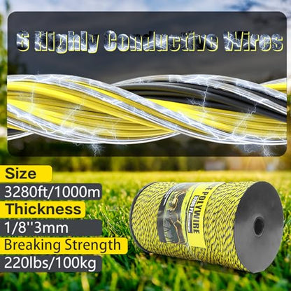 NQN Upgrade Electric Fence Polywire 3285FT,1000 Meters, 6 Stainless Steel Strands for Reliable Conductivity, Portable Electric Fencing, UV Resistant, Rust Resistant, Highly conductive, Easy to Install - size: 3285 Feet
