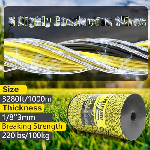 NQN Upgrade Electric Fence Polywire 3285FT,1000 Meters, 6 Stainless Steel Strands for Reliable Conductivity, Portable Electric Fencing, UV Resistant, Rust Resistant, Highly conductive, Easy to Install - size: 3285 Feet