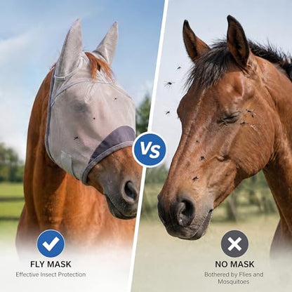 Horse Fly Mask, Super Comfort Fly Masks for Horses, Adjustable UV Protection Breathability Horses Fly Masks with Ears, Pony Mini Equine Fly Mask for Miniature Foal Draft Cob Srabian Full (Gray, XL) - size: XL