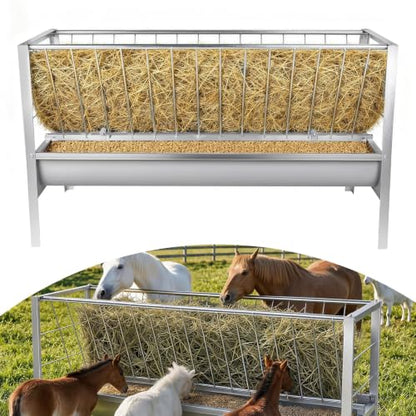 Livestock Hay Feeder, 2‑in‑1 Hay and Grain Feeder, 30 Gallon Heavy‑Duty Steel Feeding Trough, 59 Inch Long Deep Pan Livestock Feed Holder for Goats, Sheep, Horses, Farm Pastures & Barns