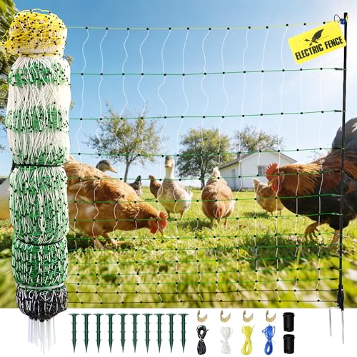 Electric Poultry Netting, 47.2"H x 164'L Electric Chicken Fence Netting | for Chickens, Ducks,Turkeys, Sheep, Geese in Yard, with Posts & Double-Spiked Stakes Farms,Backyards, Garden