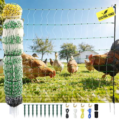 Electric Poultry Netting, 47.2"H x 164'L Electric Chicken Fence Netting | for Chickens, Ducks,Turkeys, Sheep, Geese in Yard, with Posts & Double-Spiked Stakes Farms,Backyards, Garden