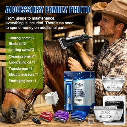Professional Horse Clippers with Detachable Wide Blade | Low Noise, Heavy Duty, Grooming Kit for Thick Coat Long Hair, For Livestock Dogs Cats