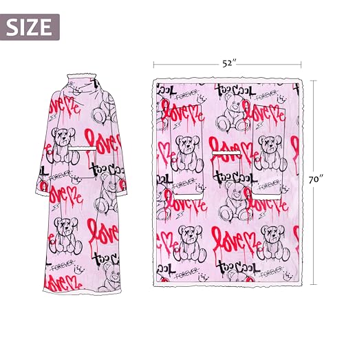 Catalonia Sherpa Wearable Blanket with Sleeves and Pocket for Adults - color: Graffiti Bear Pink, size: Standard Pocket