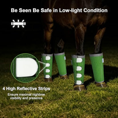 Reflective Horse Fly Boots Set of 4, Breathable Adjustable Equine Fly Leg Wraps for Horses, Universal Fit Loose Fitting Leggings with Stay Put Design (Green) - color: Green