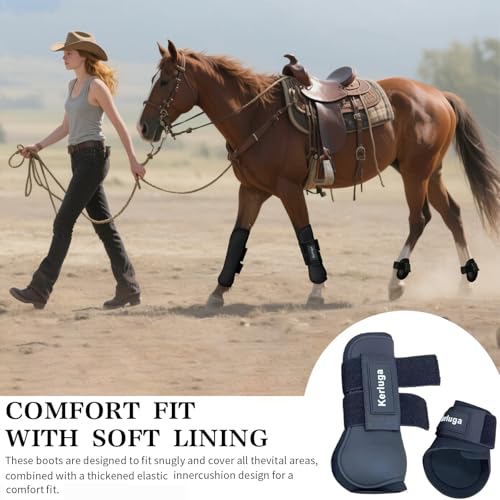 Horse Boots Set of 4, Open Front Tendon & Fetlock Boots for Horses, Shock Absorbing Equine Leg Protection with Secure Fit for Jumping, Riding and Training (Black, Full)