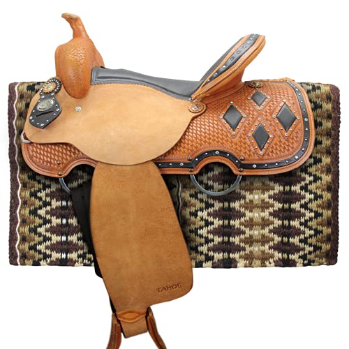 Tahoe Tack Reya Western Show Saddle Blanket – Handwoven 100% New Zealand Wool, Oversized 34" x 38", Heavyweight 5+ lbs, Vibrant Design, Ideal for Layering at Shows, Parades & Rodeos - color: Tan/Brown/Turquoise/Black/White