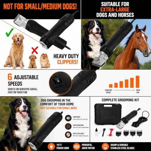 Professional Dog Grooming Clippers for Thick Coats - Shears Heavy Duty Hair Cutting Kit - Large Dog Shaver Set - Pet Trimmer for XL Large Dogs, Horses