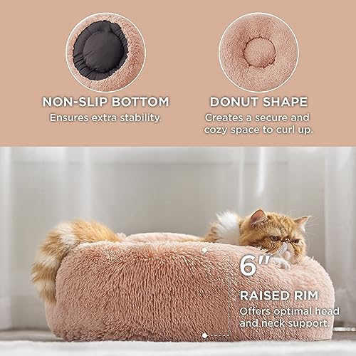 Bedsure Calming Cat Beds Donut Round Washable Kitten Bed,20 inches Pink | Fluffy Faux Fur Cuddler,Machine Washable,Anti-Slip Bottom,Anti-Anxiety,Deep Sleeping for Cats&Small Pets Up to 15 Lbs - color: Pink, size: 20"L x 20"W x 6"Th