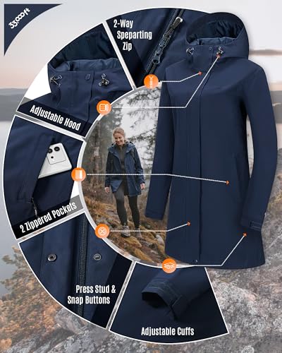 33,000ft Women's Waterproof Rain Jackets Long Rain Coats with Hood - color: Navy Blue, size: Large