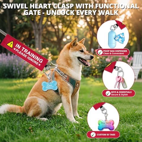 in Training Dog Leash Wrap, Double-Sided Visible Dog Sleeve with Heart Carabiner, Ripstop Please Ignore Warning Sign, Fits Standard Rope & Flat Leashes, Red - color: Please Ignore