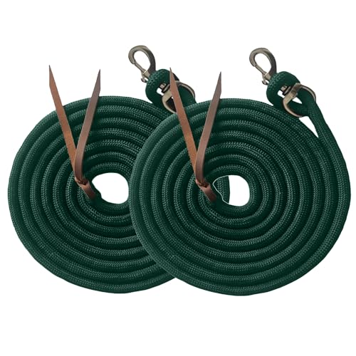 Majestic Ally 14' Pack of 2 Poly Training Lead Rope with Leather Popper for Horses & Livestock – 14 Foot Long and 5/8 inch Thick - Replaceable Heavy-Duty Bolt Snap (Hunter Green) - color: Hunter Green