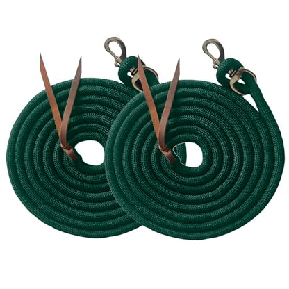 Majestic Ally 14' Pack of 2 Poly Training Lead Rope with Leather Popper for Horses & Livestock – 14 Foot Long and 5/8 inch Thick - Replaceable Heavy-Duty Bolt Snap (Hunter Green) - color: Hunter Green