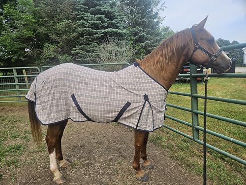 Navy Beige Plaid Horse Stable Sheet with Front Gussets, Lightweight Polyester Sheet for Horses, Travel, Stable & Show Use (Navy Beige Plaid, 82") - size: 82"