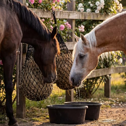 6 Pcs Horse Supplies Set 2 Hay Bags 2 Heavy Duty Rubber Feed Pans 2 Horse Bucket Strap Hangers for Slower Feeding Hay Bag Hanging Stable Trailer