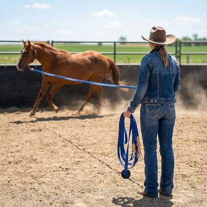 35' Flat Cotton Web Lunge Line with Bolt Snap & Rubber Stop - By Southwestern Equine (35', Sapphire) - color: Sapphire, size: 35'