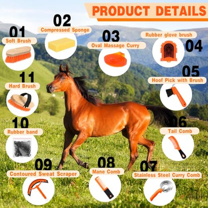 Abbylike 12 Pieces Horse Grooming Kit Equine Care Brushes, Orange - color: Orange