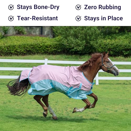 Horse Turnout Rain Sheet | 600 Denier Ripstop Turnout Blanket No Fill (0g) | Waterproof Lightweight Breathable | Tear-Resistant Outer & Rub-Free Silky Inner | Pink/Blue - 72 in - color: Pastel Pink/Blue, size: 72