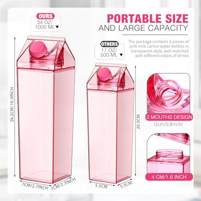 Remerry 3 Pcs Milk Carton Water Bottle Square Plastic Coffee Portable Reusable Milk Carton Cup Leakproof Juice Bottle - color: Pink, size: 34 oz
