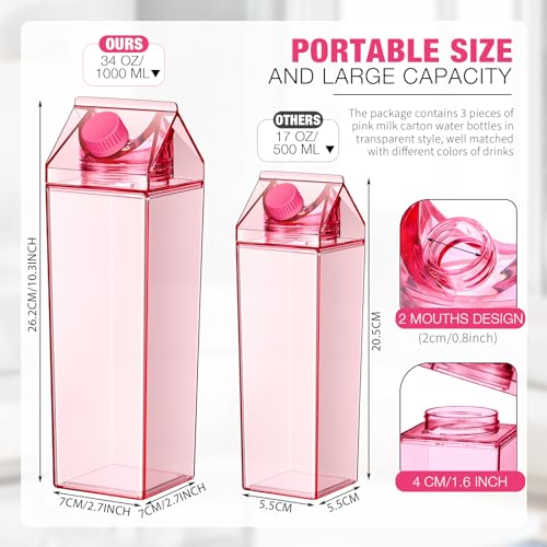 Remerry 3 Pcs Milk Carton Container, Square Acrylic Plastic Clear - color: Pink, size: 34 oz