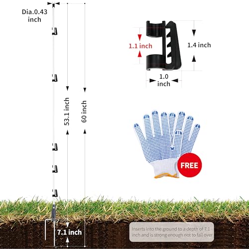 60'' Fiberglass Electric Fence Posts with Double Spikes for Animals, Garden Protection, etc. - 12 Posts Come with 60 Clips - size: 60" x 12 (60 Clips)