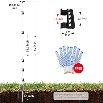 60'' Fiberglass Electric Fence Posts with Double Spikes for Animals, Garden Protection, etc. - 12 Posts Come with 60 Clips - size: 60" x 12 (60 Clips)