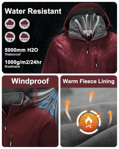 Outdoor Ventures Men's Softshell Jacket Waterproof Fleece Rain Shell Coat - color: Dark Red, size: Large