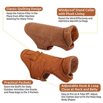 Queenmore Warm Puffer Dog Jacket Thick Plush Lining Winter Small Dog Coat - color: Brown, size: Small