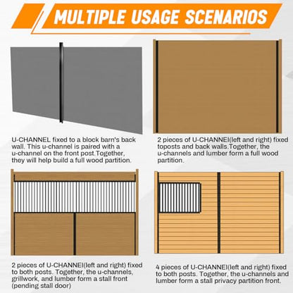 Yaocom 6 Pack 42 Inch Horse Stall Wall Channels Galvanized Steel Easy Installation Horse Stall Chew Guards Wood Protector with 60 Screws, Black