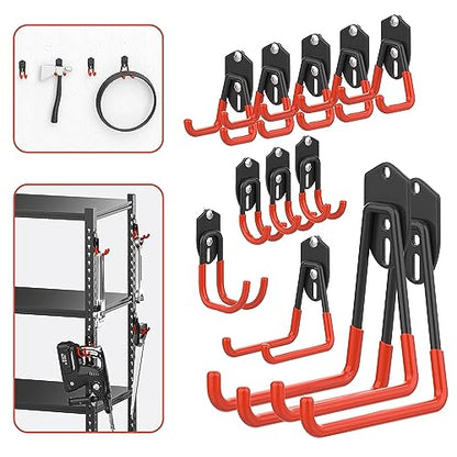 WALMANN Garage Storage Hooks, Wall Mount Utility Hooks for Tools | Wall Hooks for Ladders, Cords, Folding Chairs, Shovels and Rakes, Shelving Hooks for Keyhole Shelving Units - style: Orange-red Hook