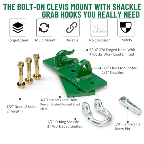 Tractor Bucket Hooks, Bolt On Clevis Mount with 1/2” Shackle, 5/16”Grab Hooks G70 Steel, Shackles Mount with Backer Plate, Heavy Duty Tow Hook for SUV RV UTV Tractors Bucket(Green) - color: Green