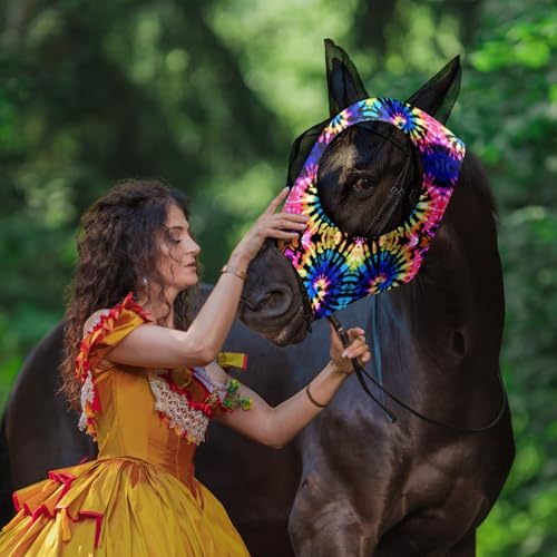 Qualirey 12 Pieces Horse Fly Mask Bulk, Medium, Tie Dye Patterns - color: Tie Dye Patterns, size: Medium
