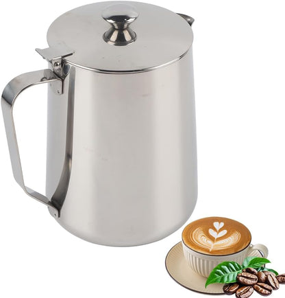 Stainless Steel Milk Frothing Pitcher with Lid 350ml, Coffee Frother Cup for Espresso Cappuccino Latte Hot Chocolate, Dripless Pour Spout Ergonomic Handle for Home Office Cafe Kitchen