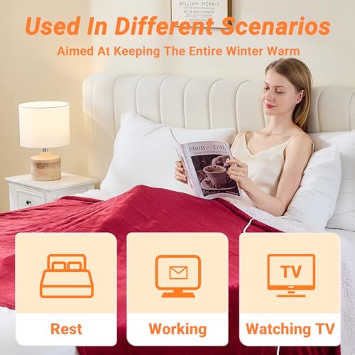 Heated Blanket Electric Throw, 50"x60" Soft Flannel Heating Blanket with 8 Hours Auto Off 10 Fast Heating Levels Machine Washable Sherpa Heated Throw Blanket with Overheating Protection - color: Red, size: Throw(50" x 60")