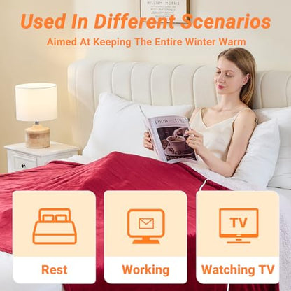 Heated Blanket Electric Throw, 50"x60" Soft Flannel Heating Blanket with 8 Hours Auto Off 10 Fast Heating Levels Machine Washable Sherpa Heated Throw Blanket with Overheating Protection - color: Red, size: Throw(50" x 60")