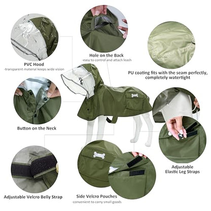 Waterproof Dog Raincoat, Adjustable Reflective Lightweight Pet Rain Clothes with Poncho Hood (Army Green, Medium) - color: Army Green, size: Medium(13-22lb)